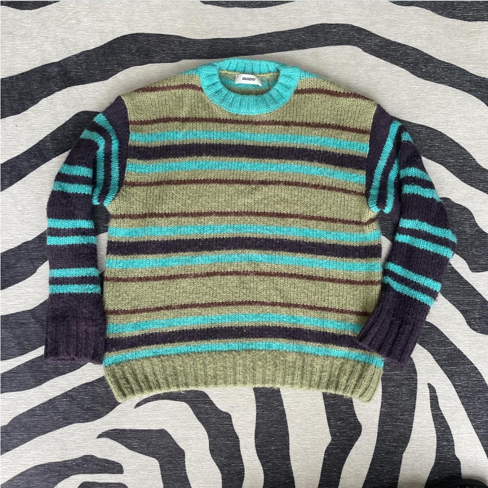 Danielle Guizio Olive and Teal Striped Sweater